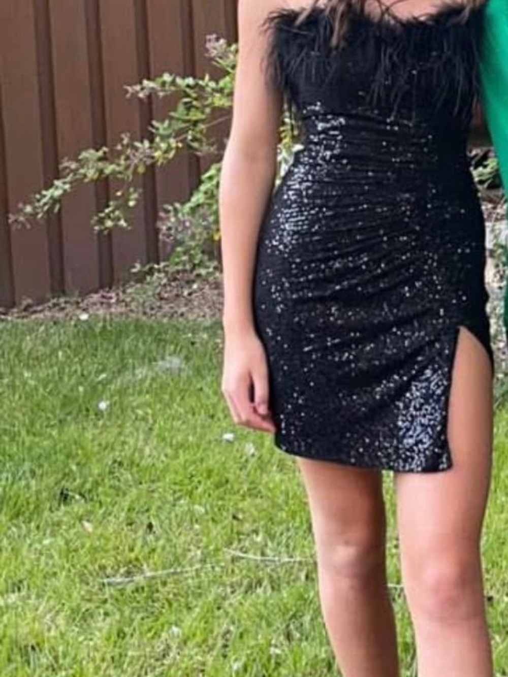 Black Sequin Feather Strapless Mini Dress